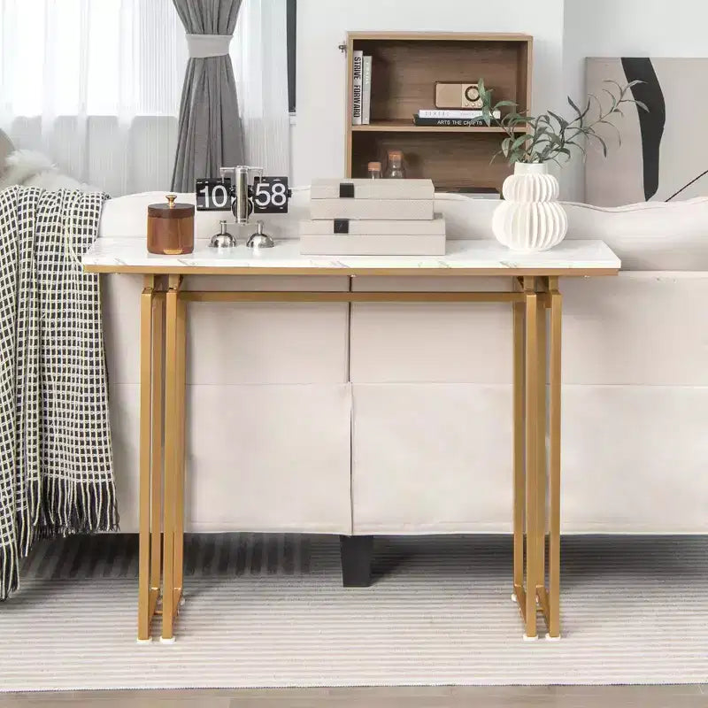 Console Table Effet Marbre, Table d'Entrée pour Canapé avec Pieds en Métal pour Salon