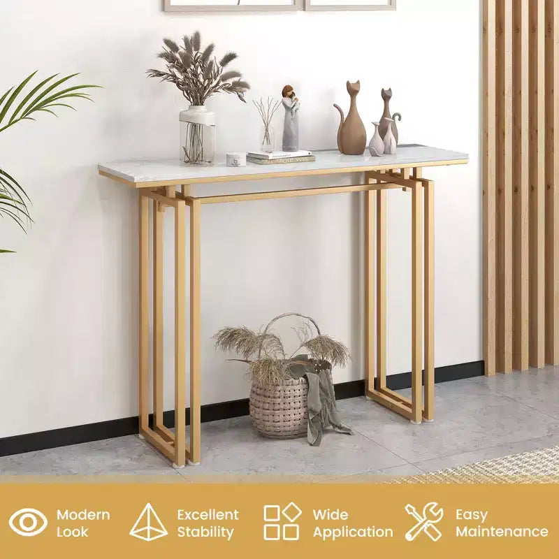 Console Table Effet Marbre, Table d'Entrée pour Canapé avec Pieds en Métal pour Salon