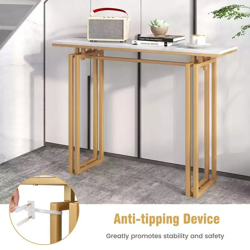 Console Table Effet Marbre, Table d'Entrée pour Canapé avec Pieds en Métal pour Salon