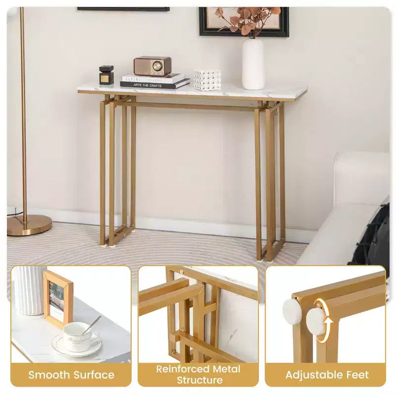Console Table Effet Marbre, Table d'Entrée pour Canapé avec Pieds en Métal pour Salon