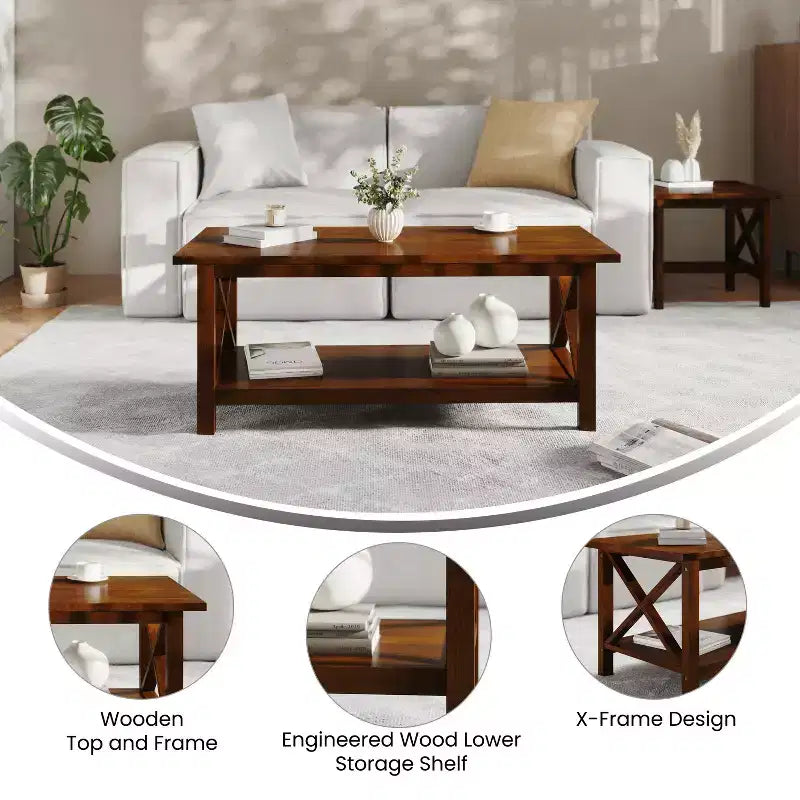 Table basse en bois massif style campagnard avec accents entrecroisés traditionnels