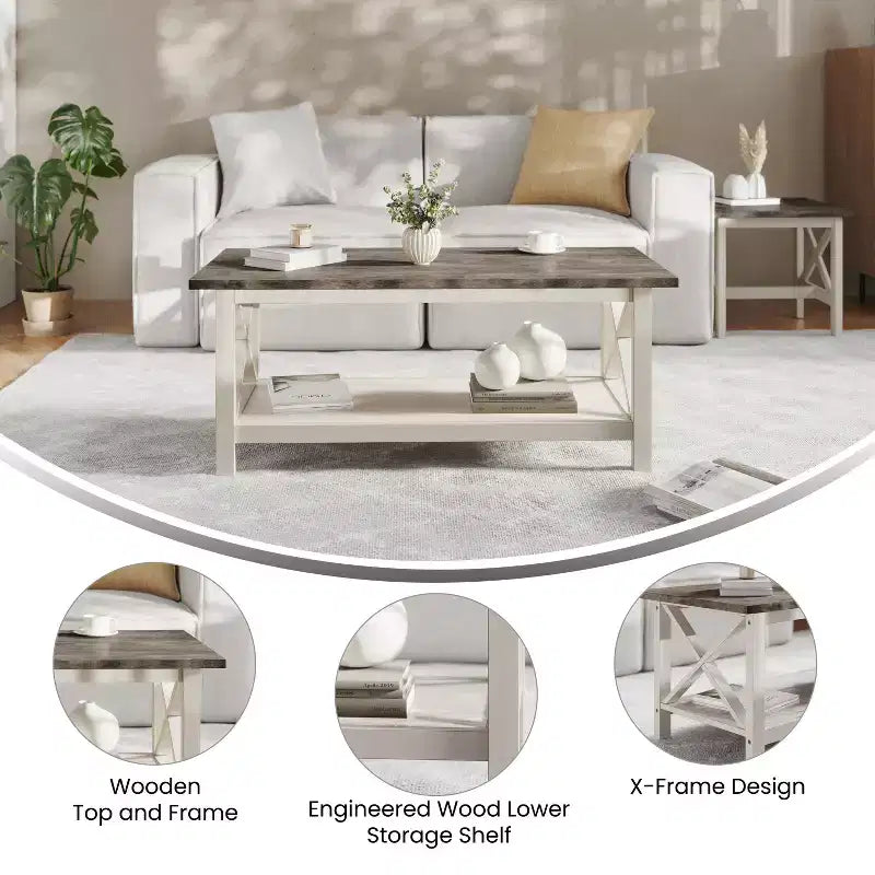 Table basse en bois massif style campagnard avec accents entrecroisés traditionnels