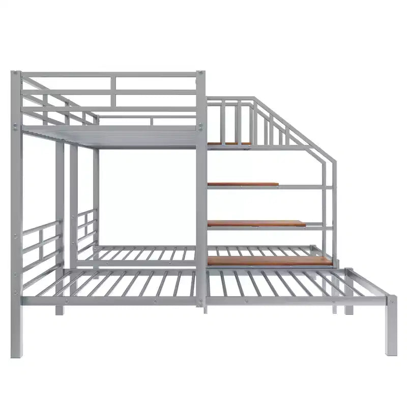 Lit superposé triple en métal, double sur double et double, avec escalier et étagères de rangement