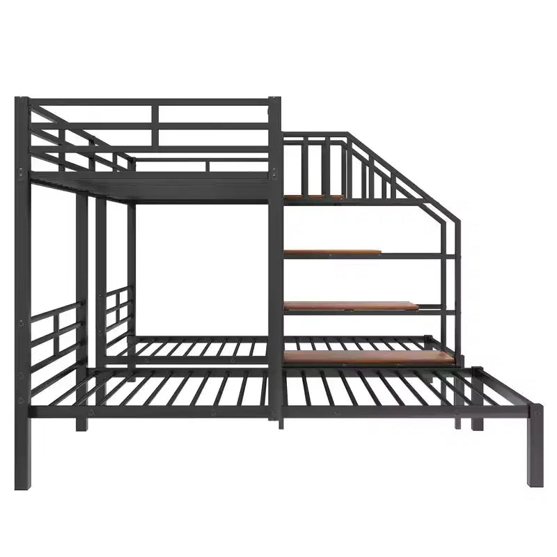 Lit superposé triple en métal, double sur double et double, avec escalier et étagères de rangement