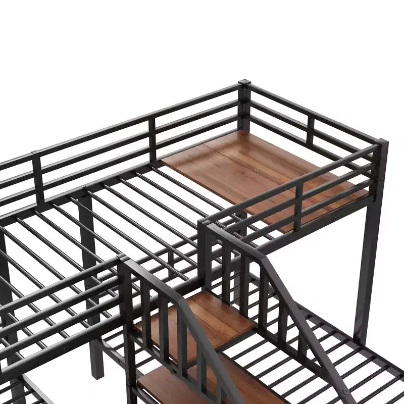 Lit superposé triple en métal, double sur double et double, avec escalier et étagères de rangement