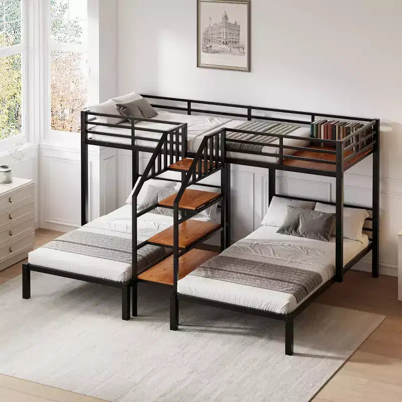 Metal Twin over Twin & Twin Bunk Bed Triple Bunk Bed with Storage Shelves Staircase - ModernLuxe