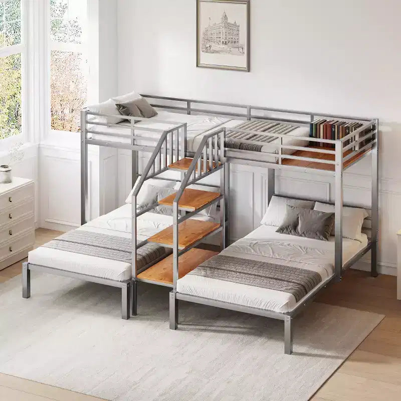 Lit superposé triple en métal, double sur double et double, avec escalier et étagères de rangement